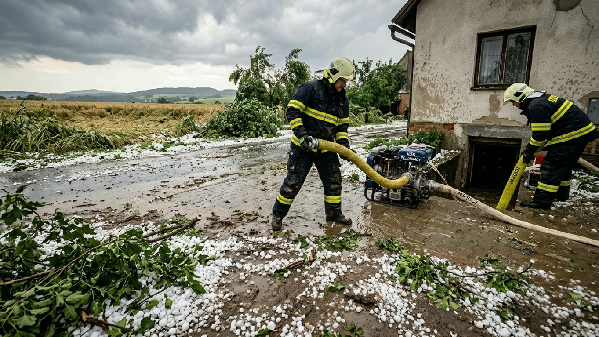 Bouře na Pelhřimovsku: Třícentimetrové kroupy ničily úrodu, hasiči čerpali vodu ze sklepů